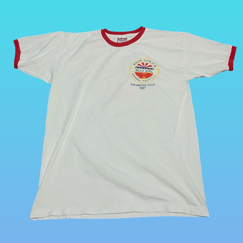Vintage Billy Joel 1987 The Bridge Tour USSR Ringer T-Shirt White Red Large